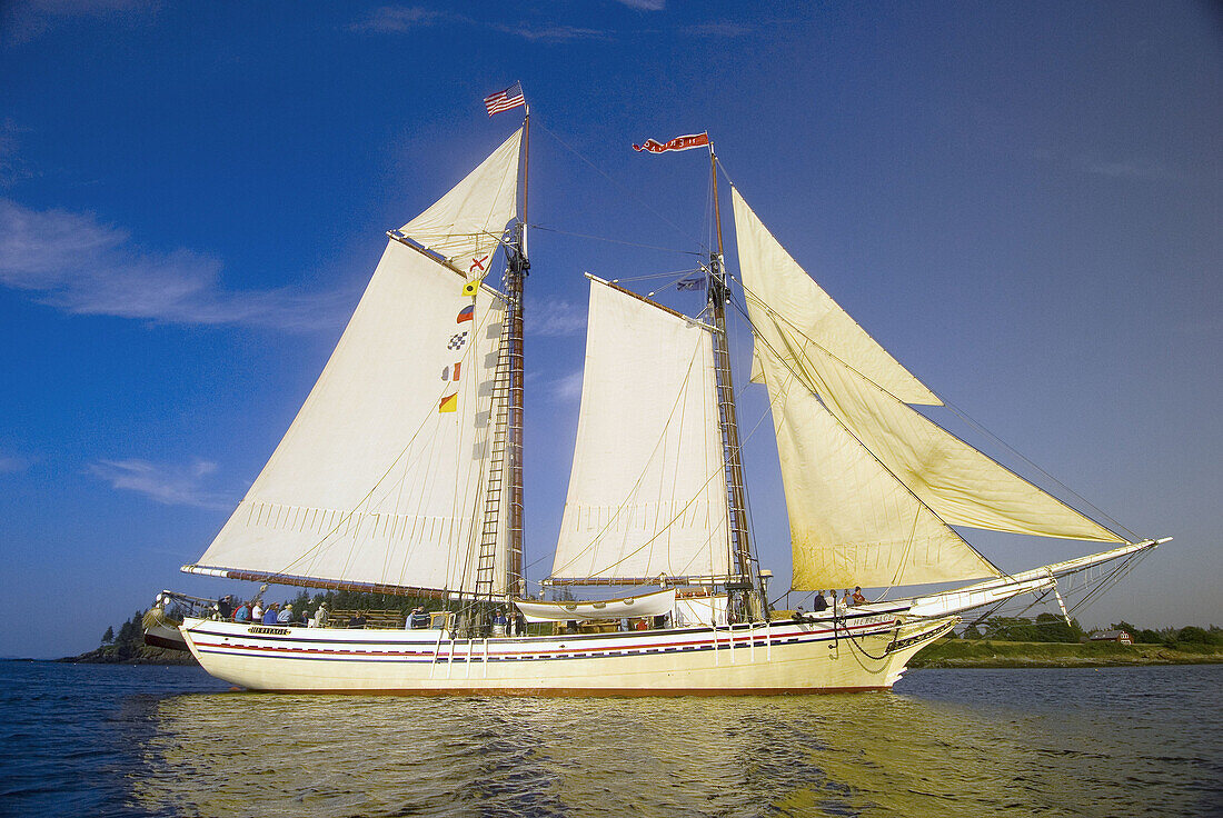 Schooner Heritage sailing into Pulpit harbor, Penobscot Bay, Maine USA