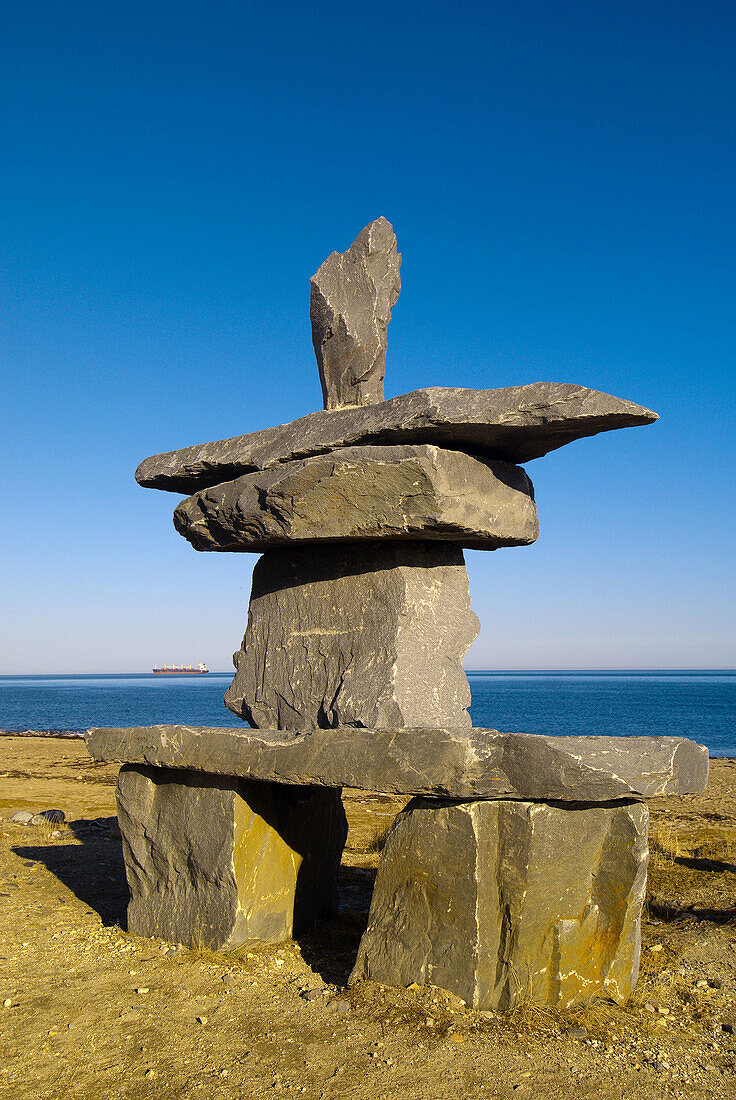 An Inuit inushuk (rock marker) on Hudson Bay in Churchill, Manitoba, Canada