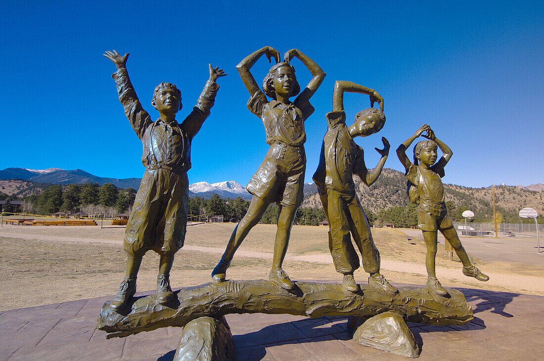 A sculpture of children spelling out YMCA at the YMCA of the Rockies camp, Estes Park, Colorado USA