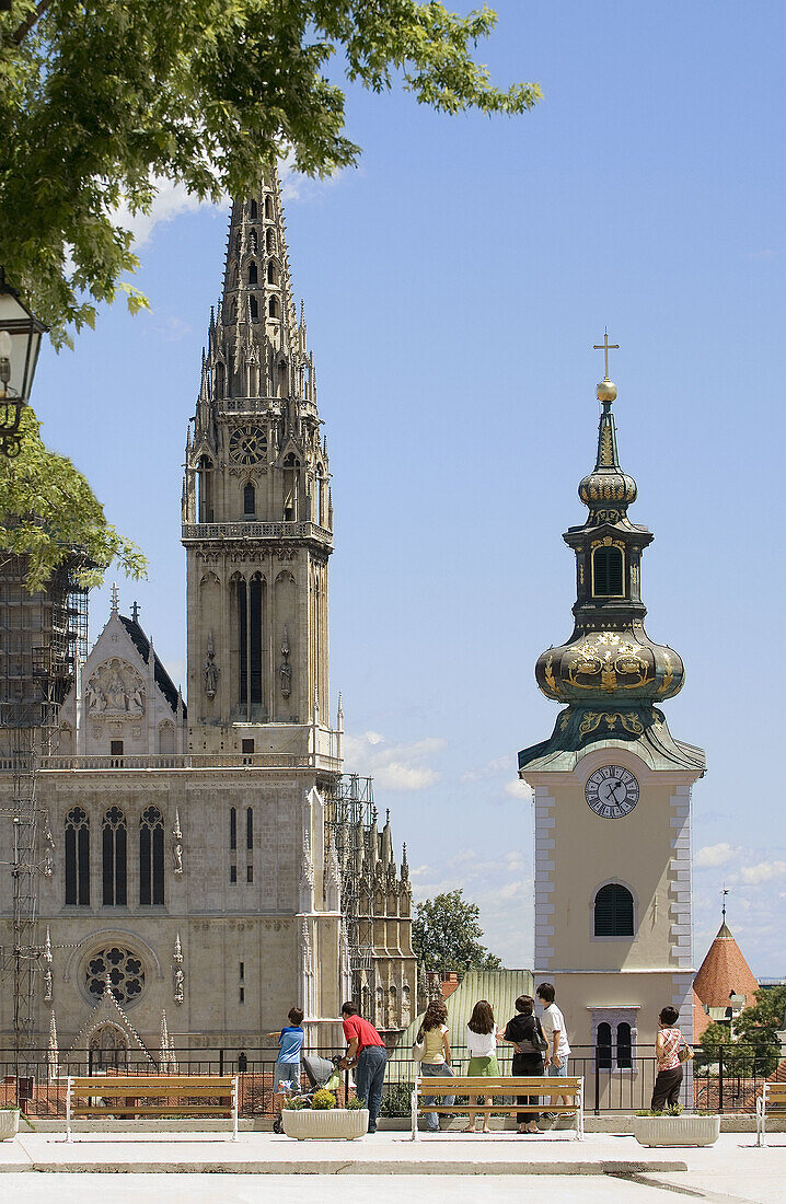 View towards St Stephens Cathedral (under renovation) and the Church of St Mary from Jezuitski Square, Gorni Grad (Upper Town). Zagreb, Croatia