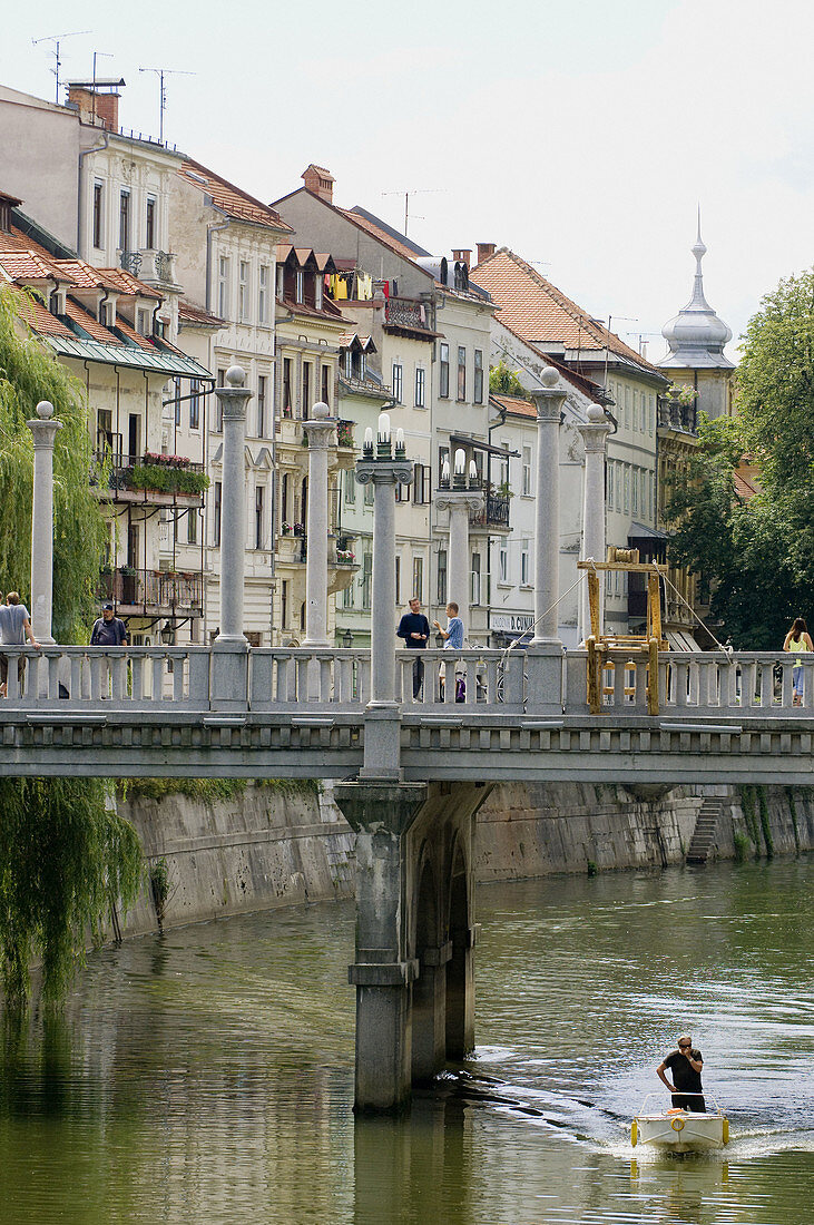 The Cobblers Bridge over The River Ljubljanica, Ljubljana. Slovenia