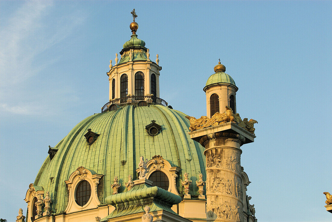 Karlskirche, Charles` church, dome, cupola, column with relief, roman style, baroque era, first morning light, Vienna Austria