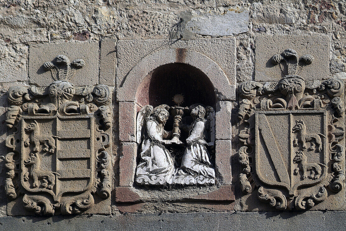 El Tránsito convent. Detalle de los diferentes escudos heraldicos sobre el portico. Siglo XVI. Zamora. Castilla-León. Spain.