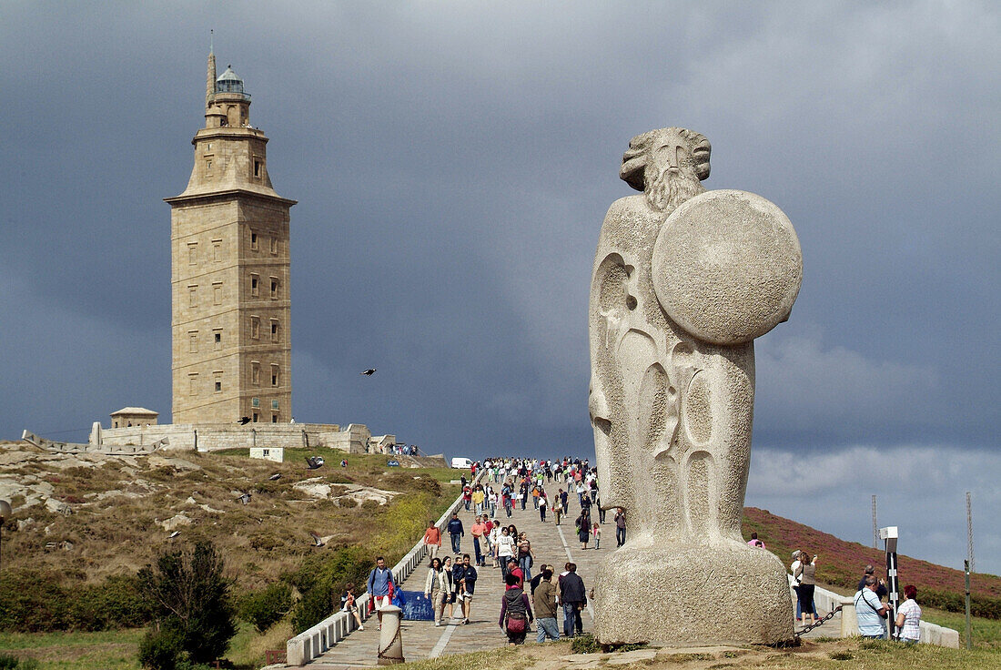 Breogán sculpture and Hercules tower in La Coruña. Galicia. Spain