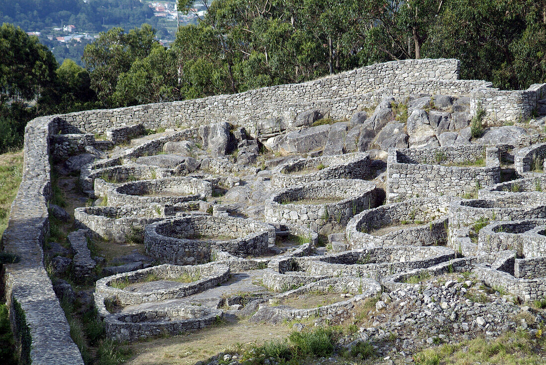 Monte de Santa Tecla. Pontevedra. Galicia. Spain. Celtic village of the 'cultura castreña' (circular dwelling) influenced by the roman culture (square dwelling). 2nd century BC.