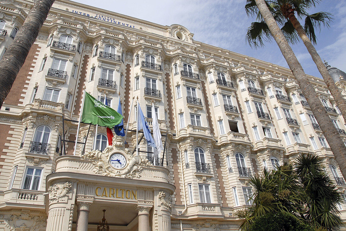 Front of Hotel Carlton, Cannes, France. Landmark hotel on the French Riviera, Cote  d'Azur, often featured at the Cannes Film Festival.