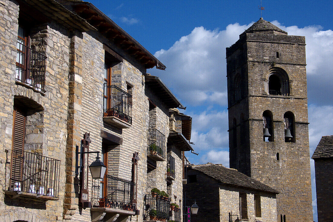 Plaza Mayor and belltower. Ainsa. Aragon. Spain.