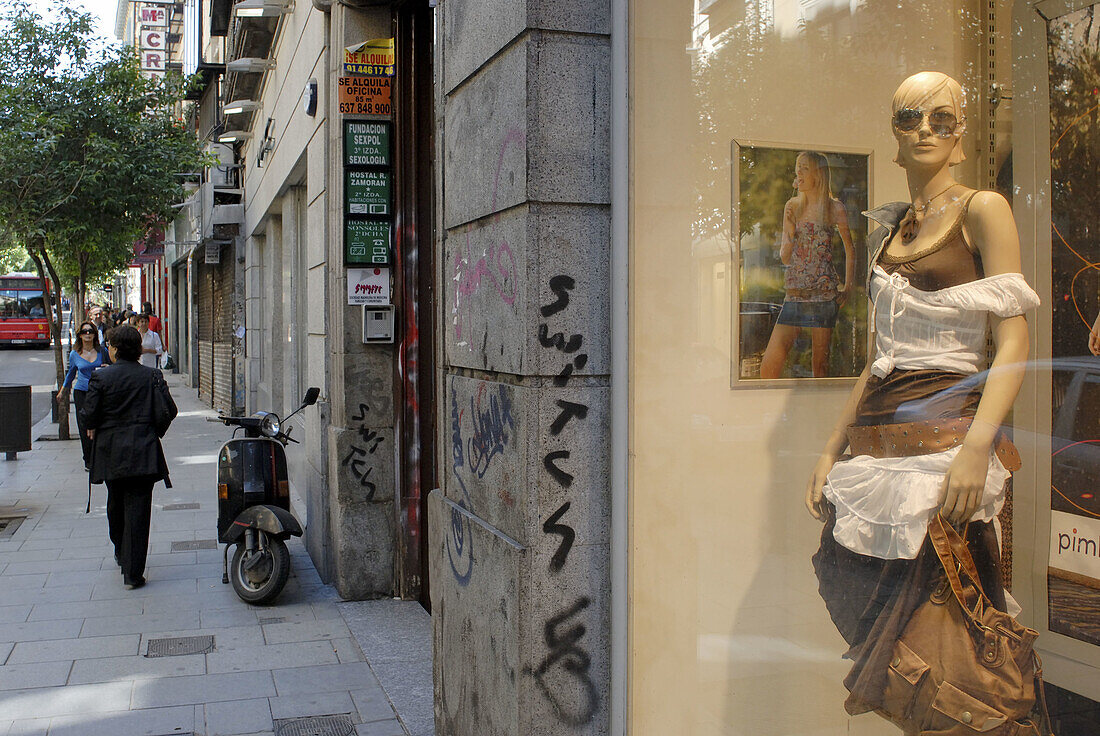 Shop window, Fuencarral street, Madrid, Spain.