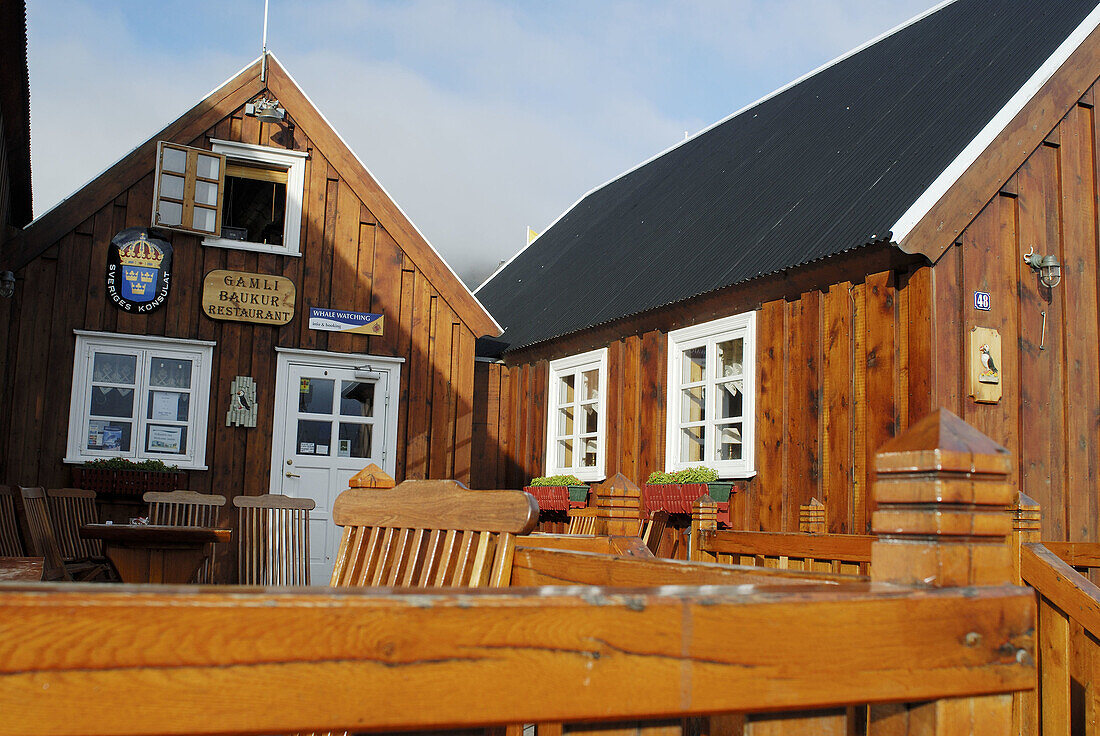 Restaurant wood in front of the Arctic Ocean Husavik, Iceland