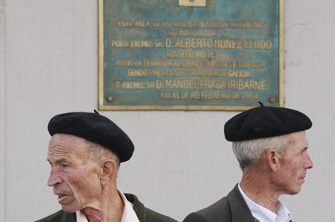 Two men with typical beret, Palas de Rei. Lugo province, Galicia, Spain