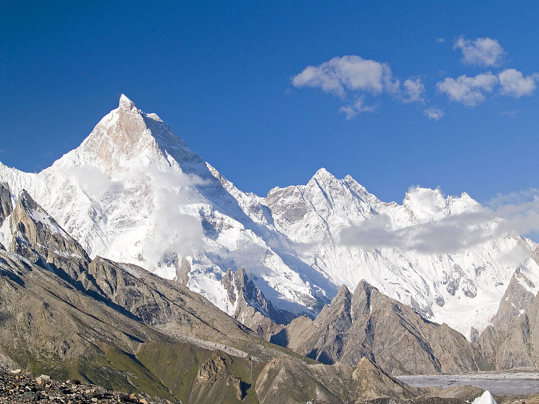 Masherbrum Peak, one of the many over 7000 meters, rises above the Baltoro Glacier, Karakoram Mountains, Pakistan