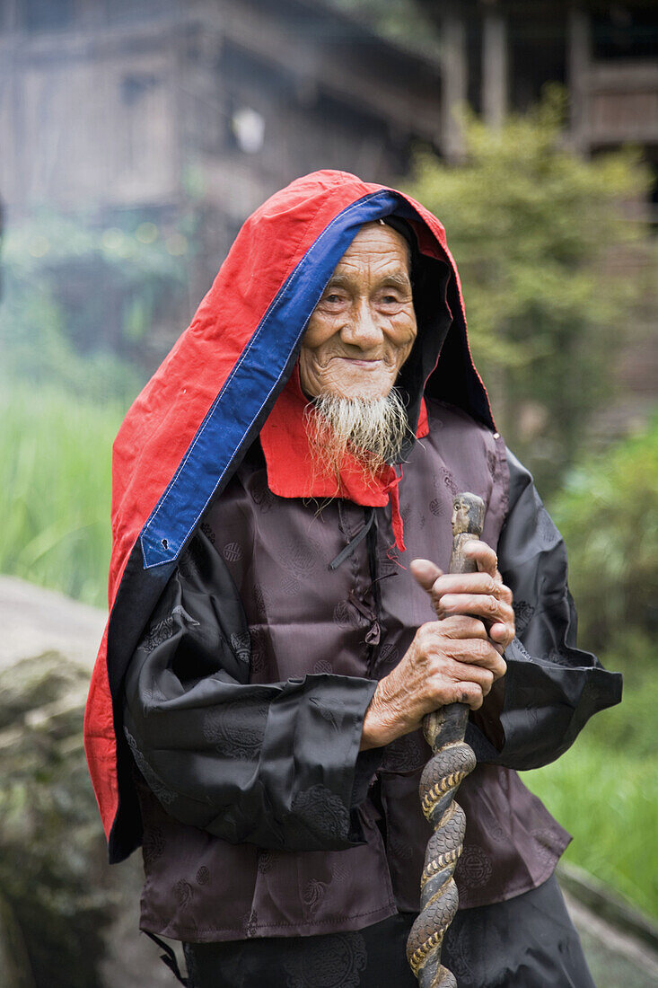 Red Yao village headman with traditional clothing near Guilin, China