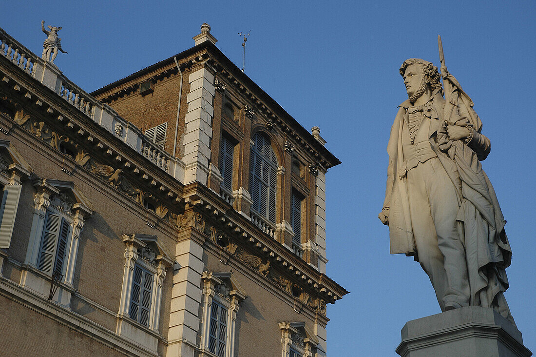 Modena (Italy), monument to Ciro Menotti, in Piazza Roma, in front of Palazzo Ducale