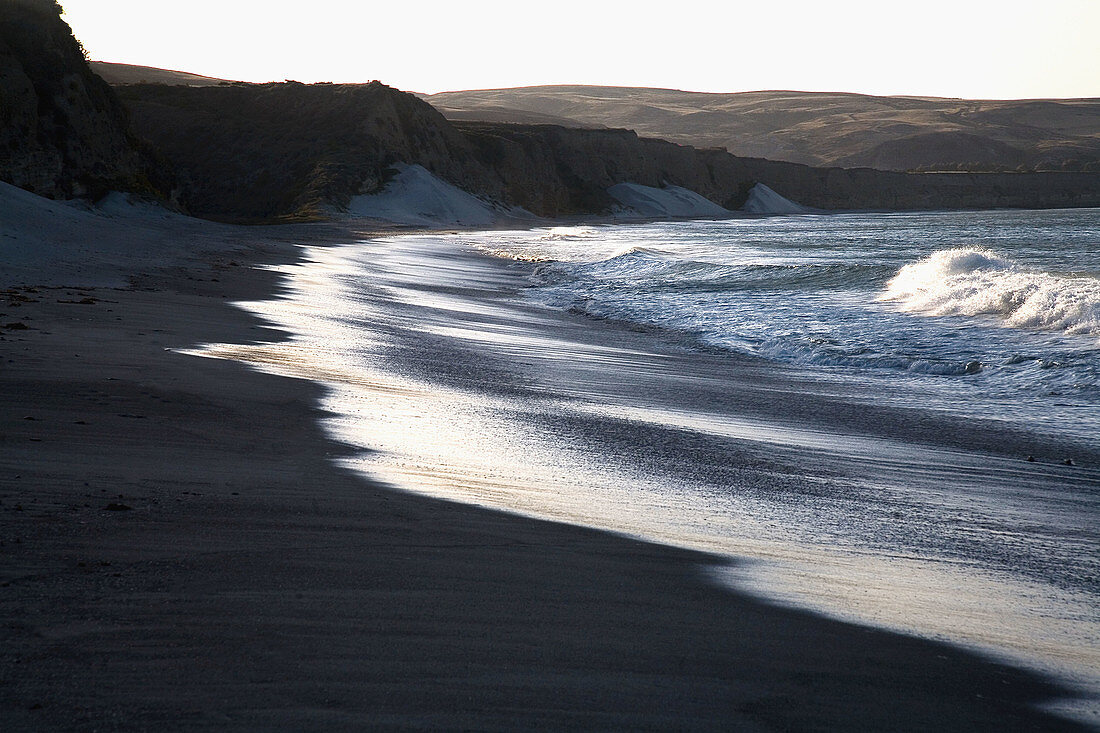 The beach at sunset on Santa Rosa Island, one the the Channel Islands in Channel Islands National Park, California. The Channel Islands are about 30 miles off the pacific Ocean Coast from Santa Barbara, California.