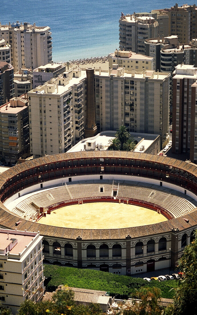View of Malaga with bullfight arena, Andalusia, Spain