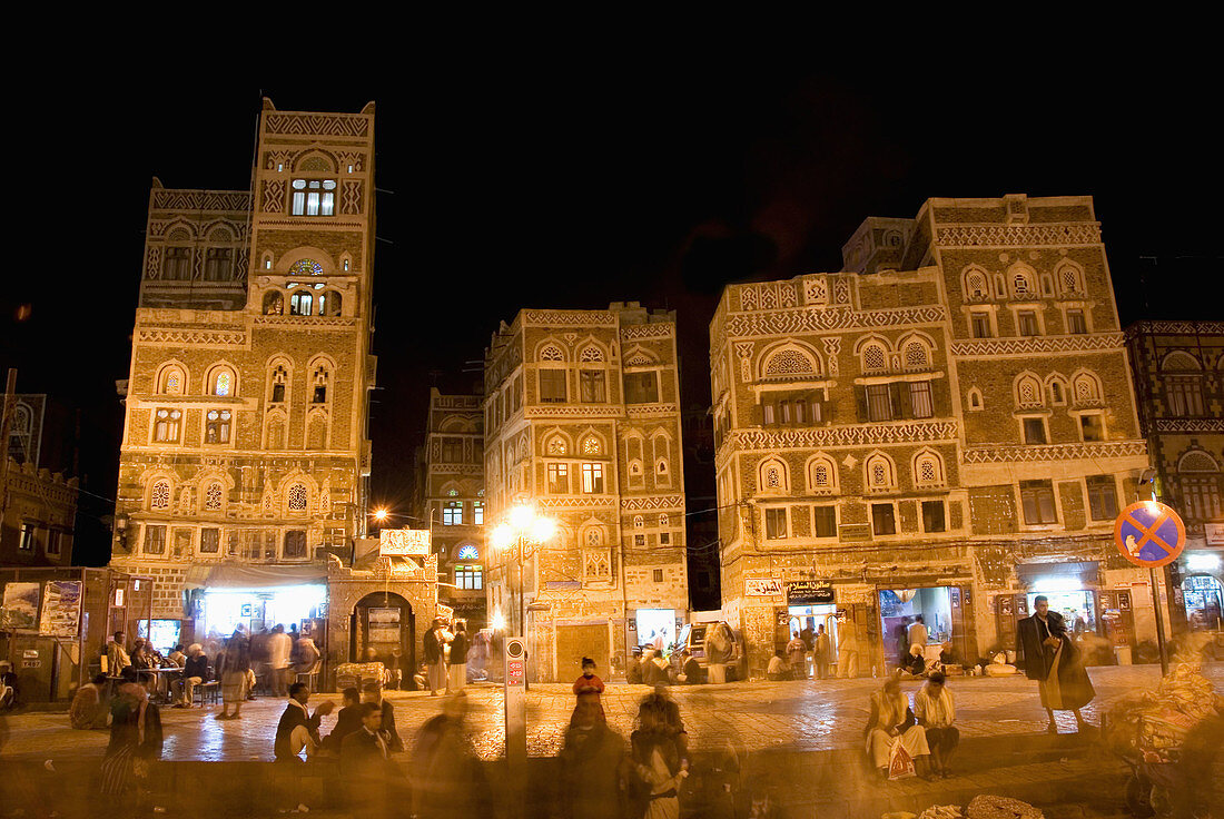 Sana'a old city at night, Unesco World Heritage Site, Yemen