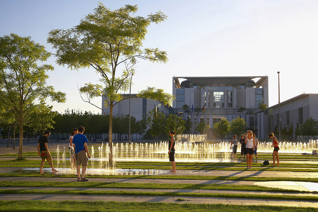 Trick fountains near Federal Chancellery, Berlin, Germany