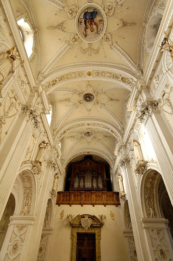 Interior view of Marienberg monastery with organ, Burgeis, Vinschgau, South Tyrol, Italy