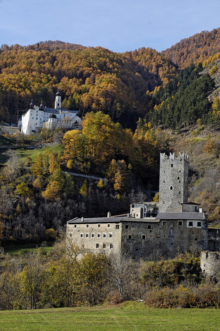 Marienberg abbey and castle Fürstenburg at a mountain side, Val Venosta, South Tyrol, Italy, Europe