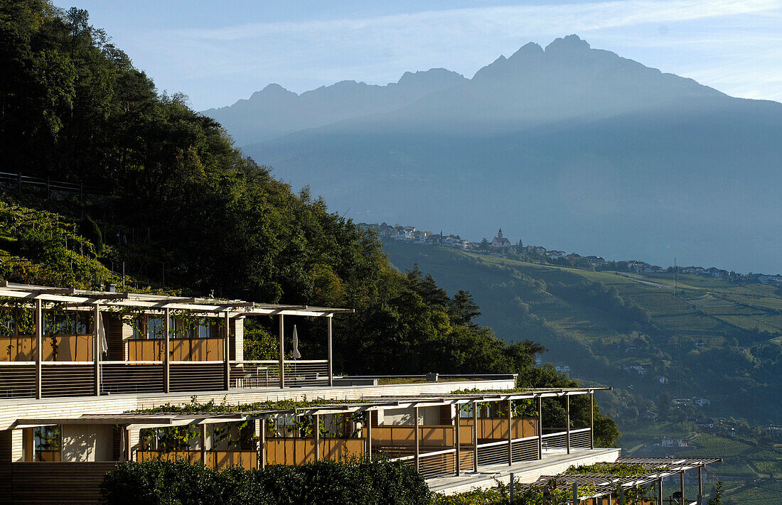Terraces of the design hotel Pergola Residence in the sunlight, Merano, Val Venosta, South Tyrol, Italy, Europe