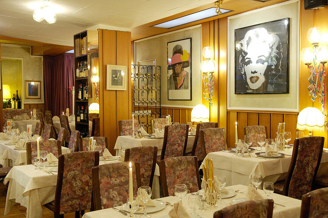 Interior view of the deserted Restaurant Da Cesare, Bozen, South Tyrol, Italy, Europe