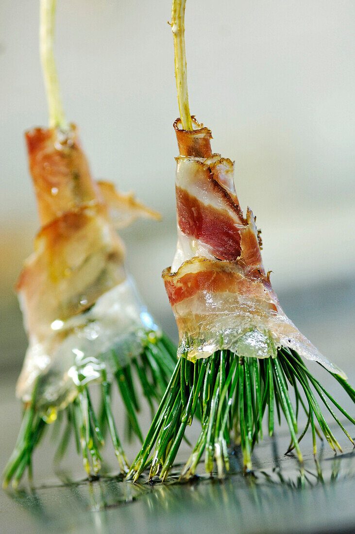 Slices of speck on pine-needles, Hotel Bad Schörgau, Bad Schörgau, Valley Sarntal, South Tyrol, Italy, Europe