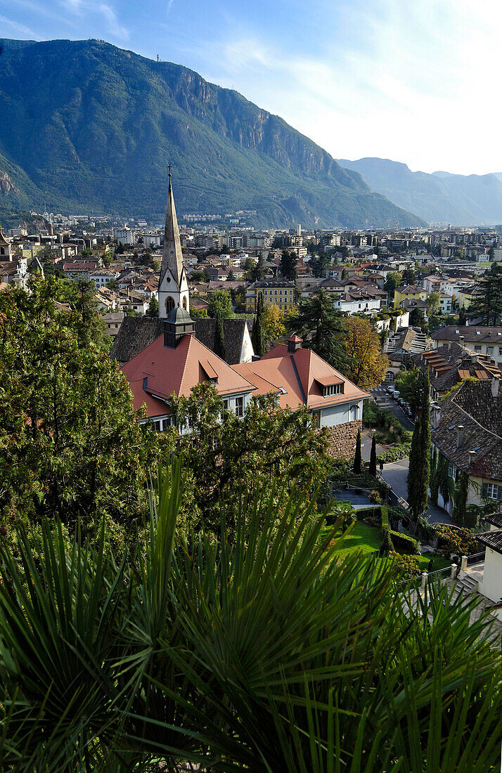 View over houses and roofs of the town of Bozen, South Tyrol, Italy, Europe