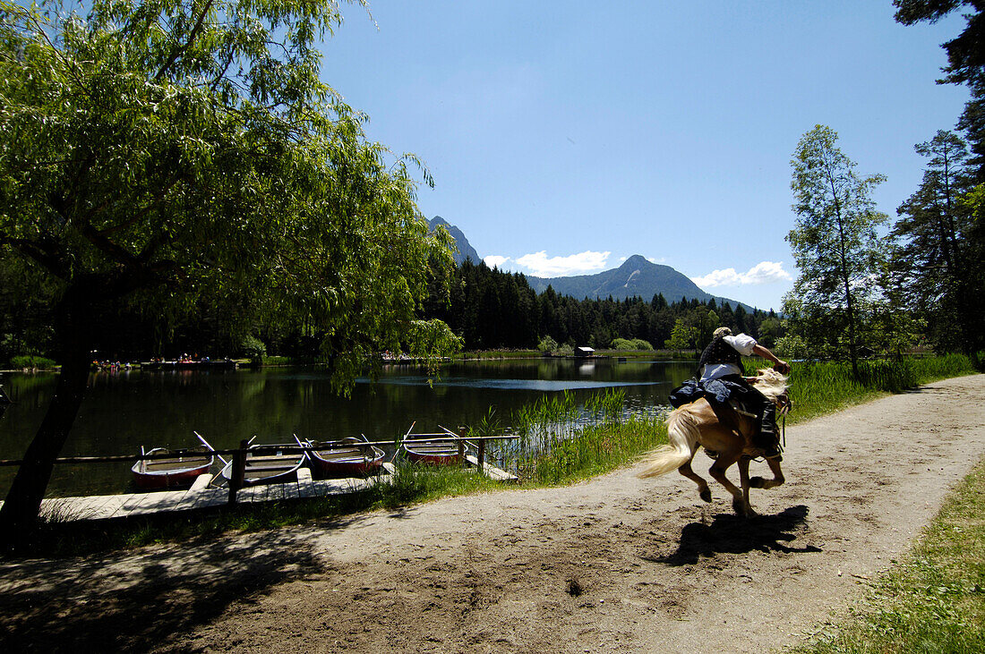 A man on his horse next to a pond in the sunlight, Völs am Schlern, South Tyrol, Italy, Europe