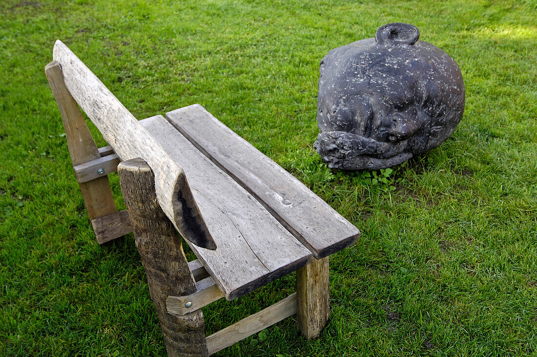 Work of Art, Sculpture and bench on a meadow, Burggrafenamt, Etsch valley, Val Venosta, South Tyrol, Italy, Europe