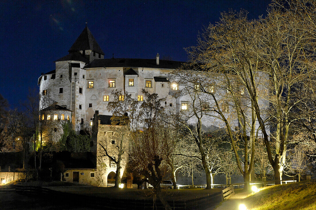 The illuminated castle Prösels at night, Völs am Schlern, South Tyrol, Italy, Europe