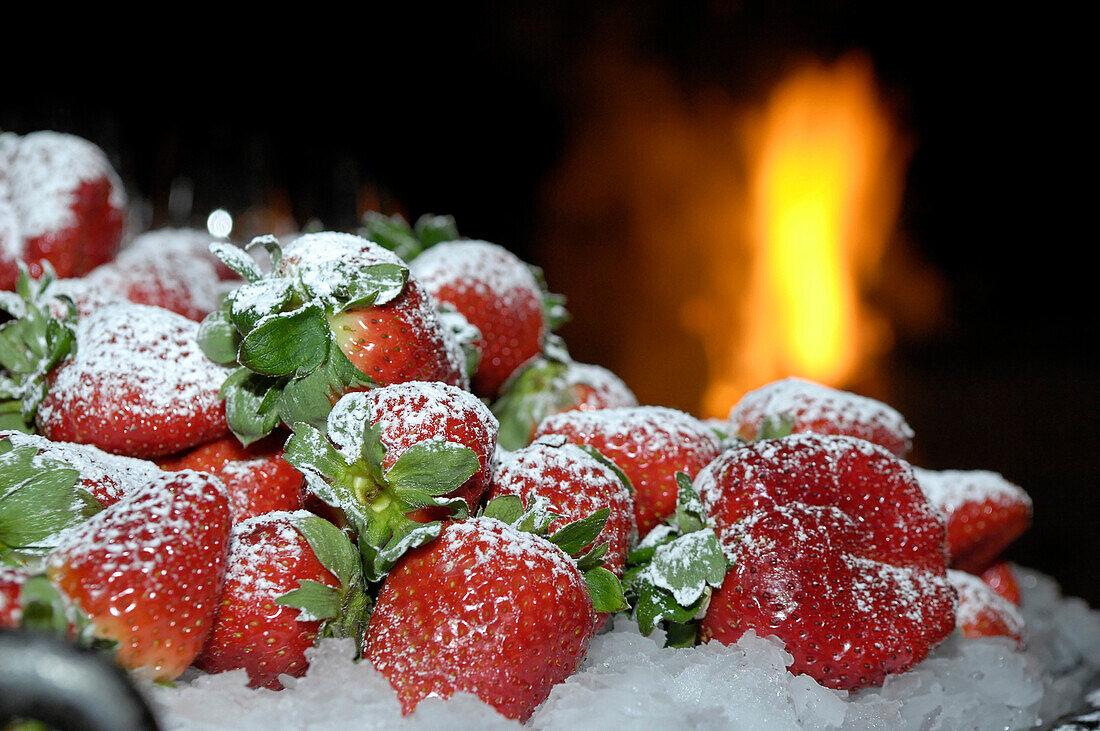 Gezuckerte Erdbeeren auf Eis, Südtirol, Italien, Europa