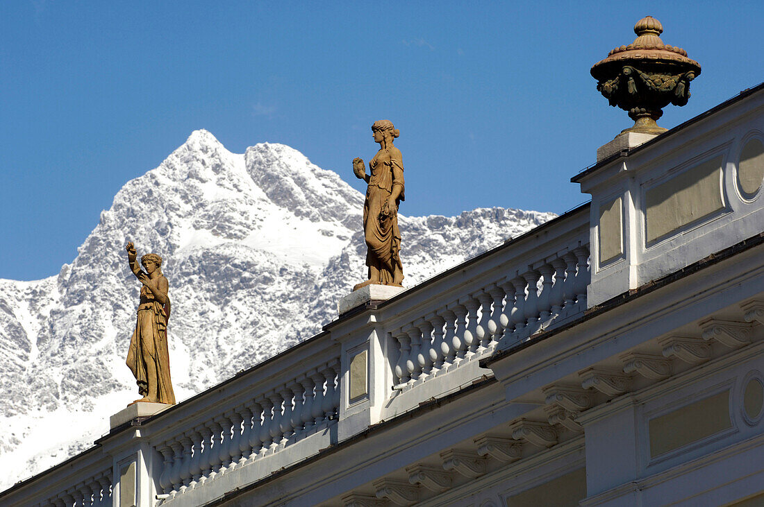 Kur promenade with Kurhaus, Texel Mountain Range in the background, Meran, Burggrafenamt, South Tyrol, Italy