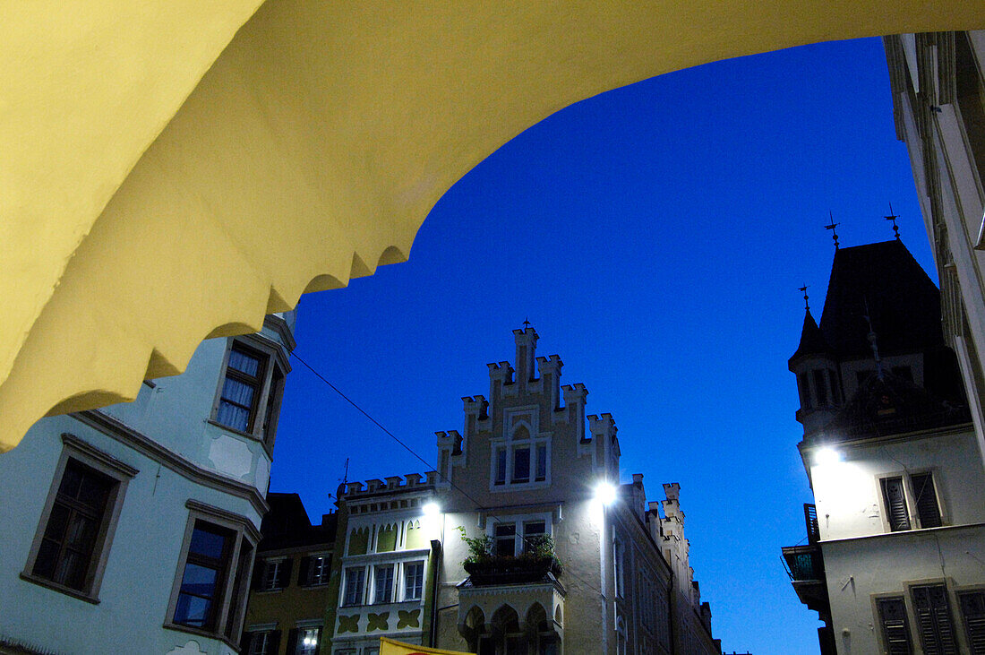 Bozano Lauben at night, House facades in the old town of Bozano, Bolzano, South Tyrol, Italy