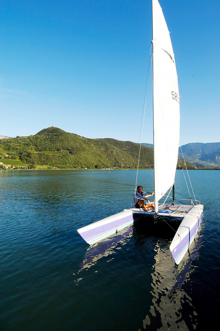 Catamaran on Lake Kaltern, Kaltern, Bolzano, South Tyrol, Italy