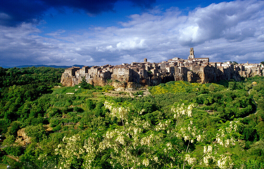 View at the small town Pitigliano under clouded sky, Tuscany, Italy, Europe