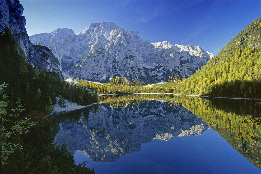 lake with reflection, Lago di Braies, Dolomite Alps, South Tyrol, Italy