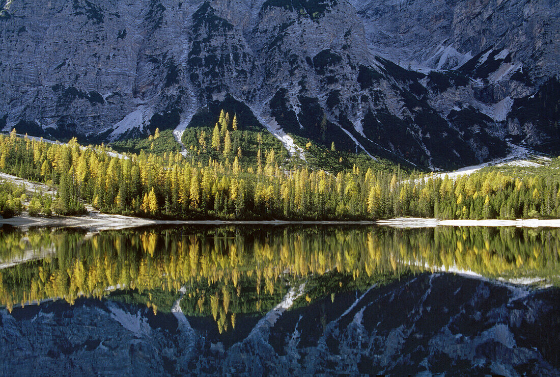 Pragser Wildsee und Spiegelung, Dolomiten, Südtirol, Italien