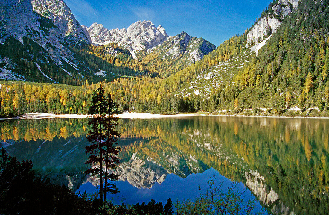 Lake with reflection, Lago di Braies, Dolomite Alps, South Tyrol, Italy