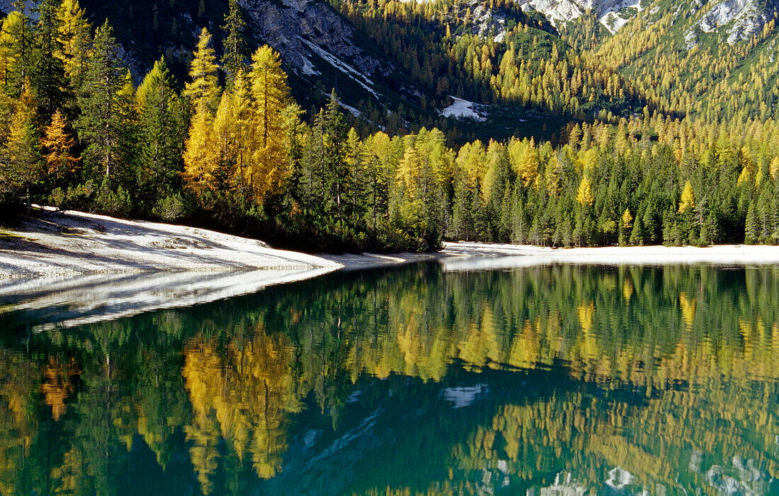 Lake with reflection, Lago di Braies, Dolomite Alps, South Tyrol, Italy