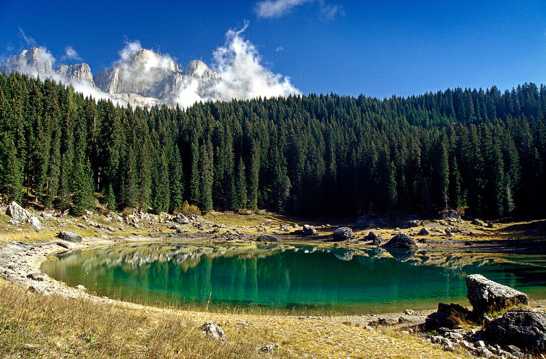 Lago di Carezza, view to Cima Catinaccio, Dolomite Alps, South Tyrol, Italy