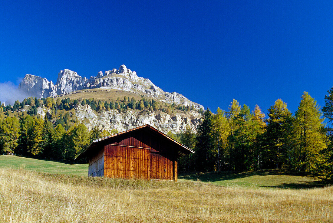 Alpine hut at Passo di Costalunga, Dolomite Alps, South Tyrol, Italy