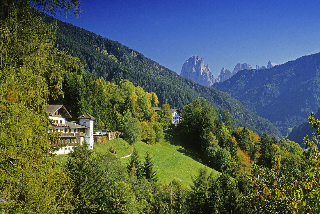 Almgasthof, Blick zu den Geisler Spitzen, Villnößtal, Dolomiten, Südtirol, Italien