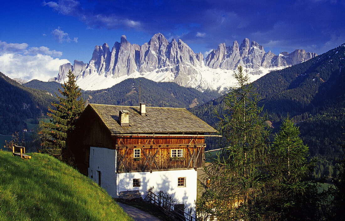 Bauernhof, Blick zu den Geisler Spitzen, Villnößtal, Dolomiten, Südtirol, Italien
