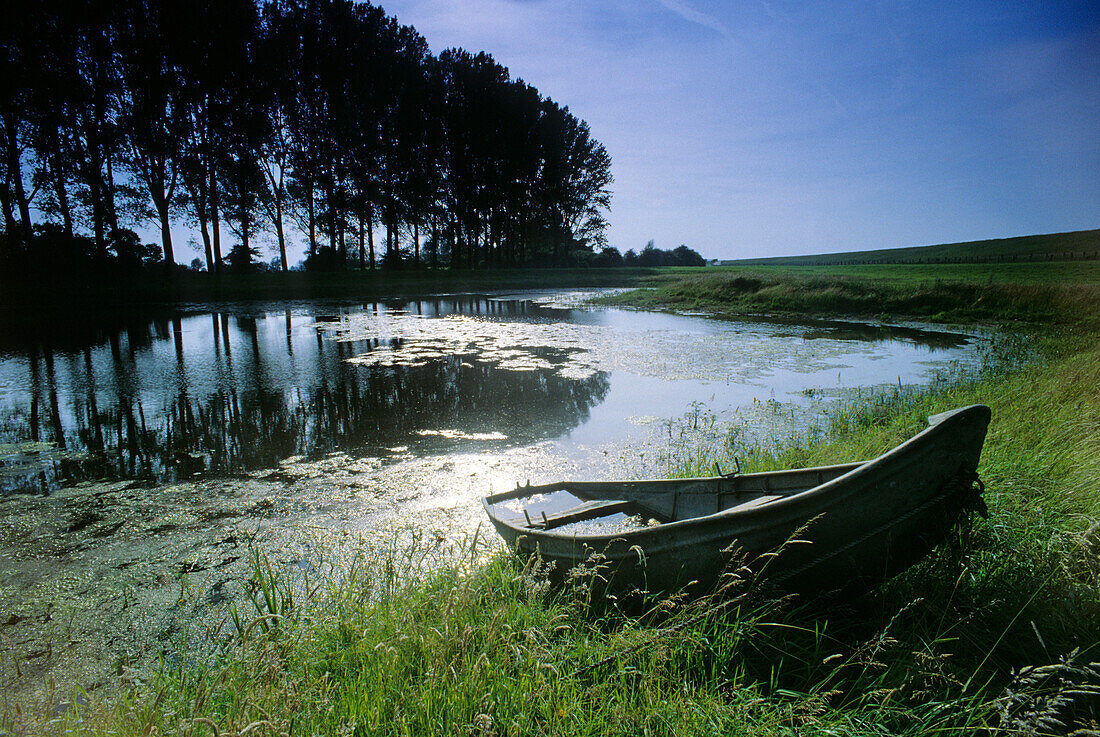Boat on a pond, near Wardhausen, Lower Rhine Region, North Rhine-Westphalia, Germany