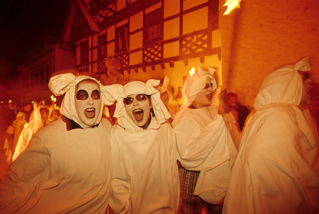Geisterzug, ghost procession held on the Saturday before carnival to drive away the winter demons, Blankenheim, Eifel, North Rhine Westphalia, Germany