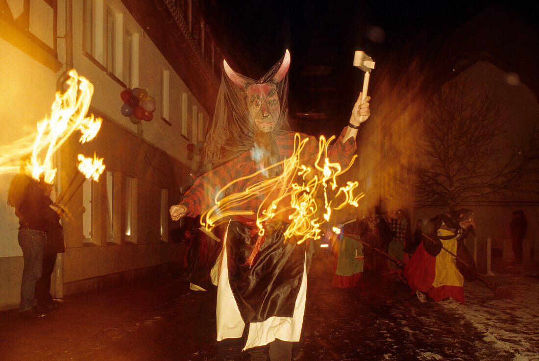 Geisterzug, ghost procession held on the Saturday before carnival to drive away the winter demons, Blankenheim, Eifel, North Rhine Westphalia, Germany