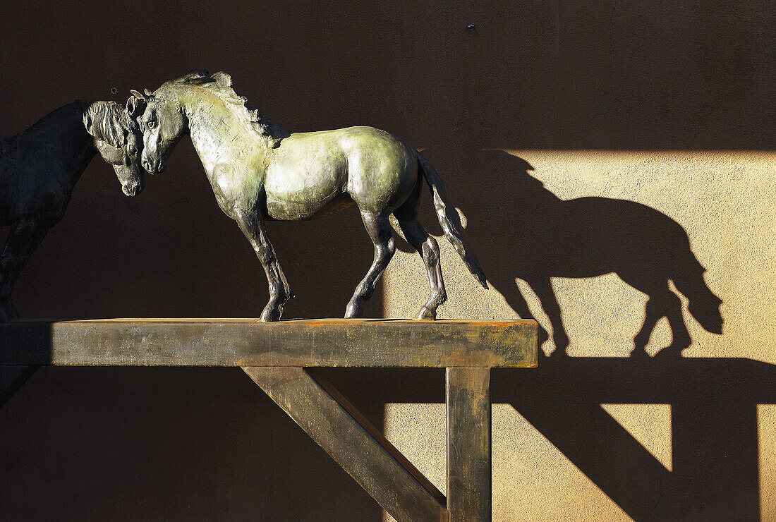 A sculpture of horses in the evening sun with shadow