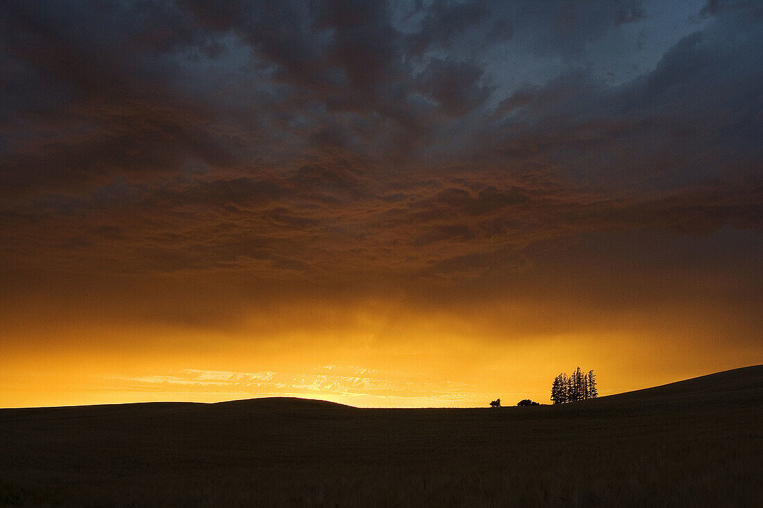 A sunset over farmland at harvest.
