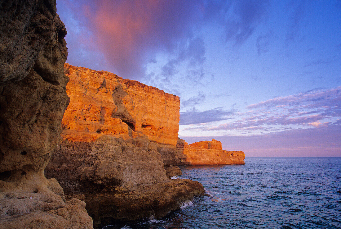 Rocky coast Algar Seco in the light of the evening sun, Algarve, Portugal, Europe