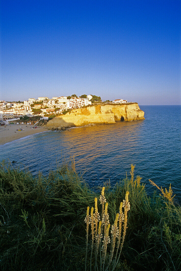 View to Carvoeiro under blue sky, Algarve, Portugal, Europe